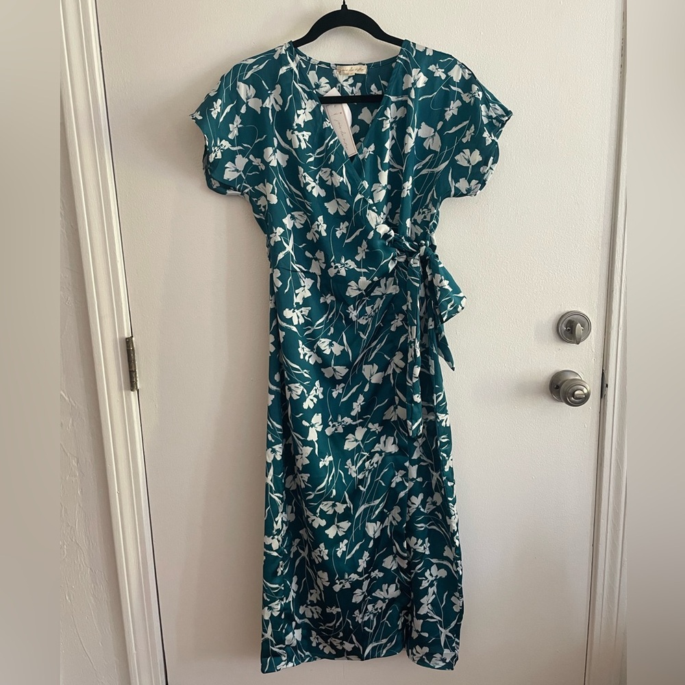 Floral Wrap Dress in Teal and White